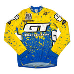 Yellow and blue cycling jersey with GT Bicycles branding on a white background
