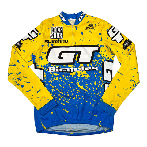 Yellow and blue cycling jersey with GT Bicycles branding on a white background