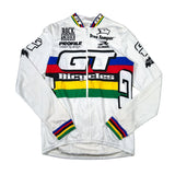 White cycling jersey with colorful brand logos on a white background