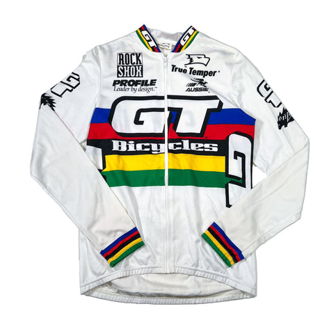White cycling jersey with colorful brand logos on a white background