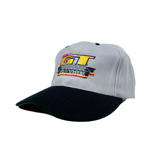 Gray and black cap with colorful logo on a white background