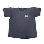 Blue t-shirt with a logo on a white surface