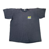 Blue t-shirt with a logo on a white surface
