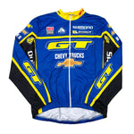Blue cycling jersey with yellow and black accents featuring various brand logos on a white background