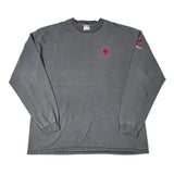Gray long-sleeve shirt with a red logo on a white background