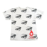 White t-shirt with graphic design of eyes and a red cross symbol on a white background