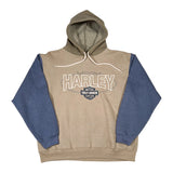 Beige and blue hoodie with Harley Davidson logo on a white background