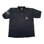 Black polo shirt with logos on a white background