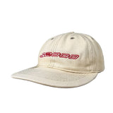 Beige cap with red logo on a gray background
