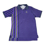 Purple and green striped polo shirt on a white background