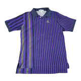 Purple and green striped polo shirt on a white background