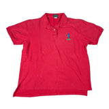 Red polo shirt with a small logo on a white background