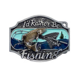 A novelty belt buckle featuring a silver-toned metal border and a central design with a jumping fish, fishing rod, net, and the text 'I'd Rather Be Fishing' on a white background.