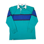 Teal rugby shirt with blue and navy stripes on a white background