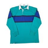 Teal rugby shirt with blue and navy stripes on a white background