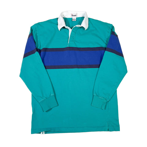 Teal rugby shirt with blue and navy stripes on a white background