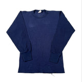 A dark navy blue ribbed knit long-sleeve crewneck sweater laid flat on a white background.