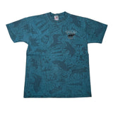 A vintage short-sleeve t-shirt in a washed teal blue color, featuring an all-over dark graphic print of animal silhouettes and a small chest graphic with the text 'PUMA' and '1994 WORLD CHAMPIONSHIP'.