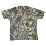 Camouflage-patterned t-shirt on a white background