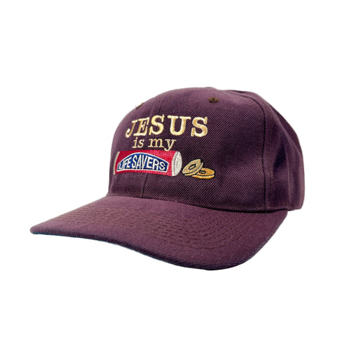Purple cap with 'Jesus is my LifeSavers' text on a white background