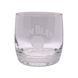 Clear glass with 'Jim Beam' branding on a white background