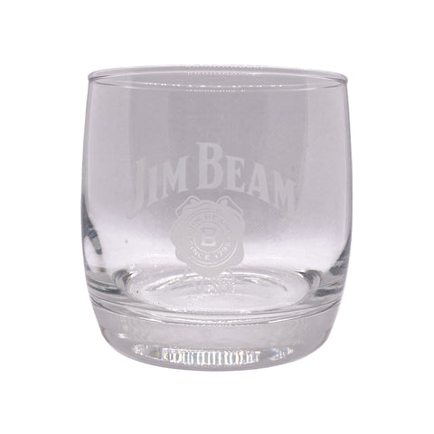 Clear glass with 'Jim Beam' branding on a white background