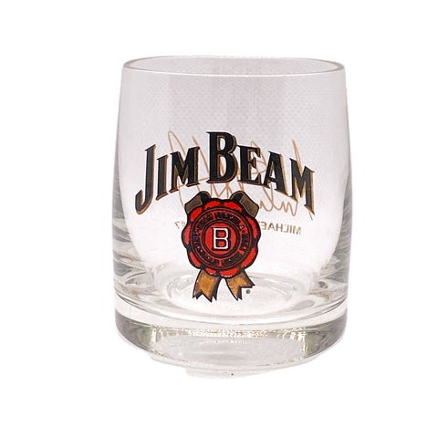 Clear glass with Jim Beam logo on a white background