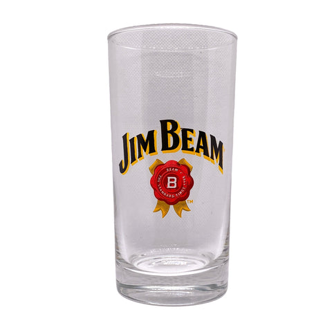 Clear glass with Jim Beam logo on a white background