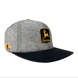 Gray and black cap with John Deere logo on a white background