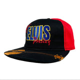 Black and red cap with 'Elvis Presley' text on a white background