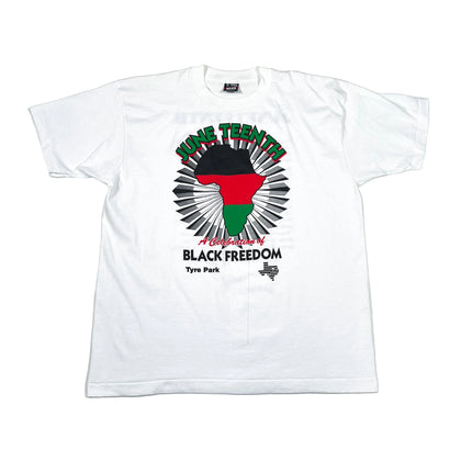 White t-shirt with a graphic design on a white background