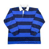 A long-sleeve rugby shirt with horizontal stripes in royal blue and dark navy, featuring a white collar and a three-button placket, laid flat on a white background.