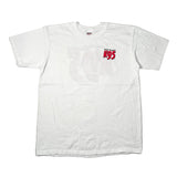 A white short-sleeve t-shirt laid flat on a light gray surface, featuring a red and black 'K95' graphic on the left chest.