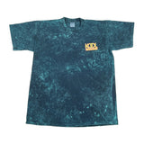 Blue tie-dye t-shirt with a logo on a white background