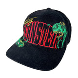 A black baseball cap featuring a prominent red embroidered 'CARNIVORE' logo with green dinosaur graphics on the side and front, set against a plain light background.