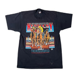 A vintage black short-sleeve graphic t-shirt featuring a detailed print of thoroughbred racehorses and jockeys under the word 'Kentucky' and above 'Thoroughbred'.
