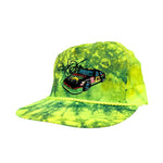 Green tie-dye cap with a race car design on a white background