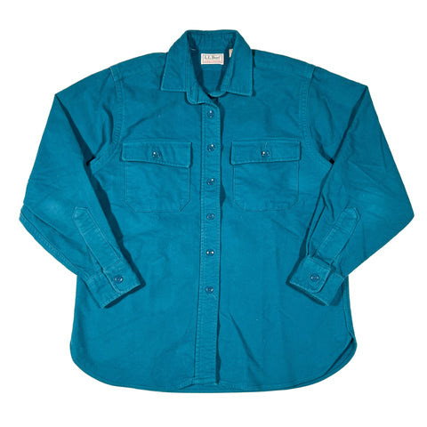 Teal button-up shirt on a white background