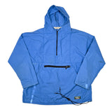 Blue hooded jacket with a brand logo on a white background