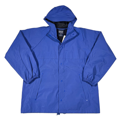 Blue raincoat with matching pants on a white background