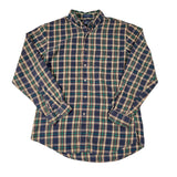 Plaid shirt with green and blue pattern on a white background