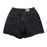 Black denim shorts on a white background