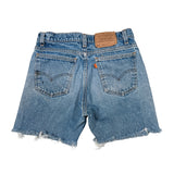 Blue denim shorts with Levi's branding on a white background