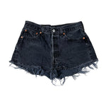 Black denim shorts with frayed edges on a white background