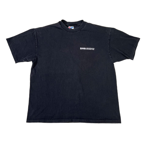 Black t-shirt with white text on a white background