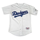 White baseball jersey with 'Dodgers' logo on a light gray background