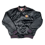 Black satin jacket with a logo on a white background