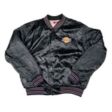 Black satin jacket with a logo on a white background