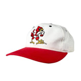 A white baseball cap with a red curved brim, featuring an embroidered red cardinal mascot on the front panel, set against a neutral gray background.