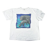 White t-shirt with bear graphic on a white background